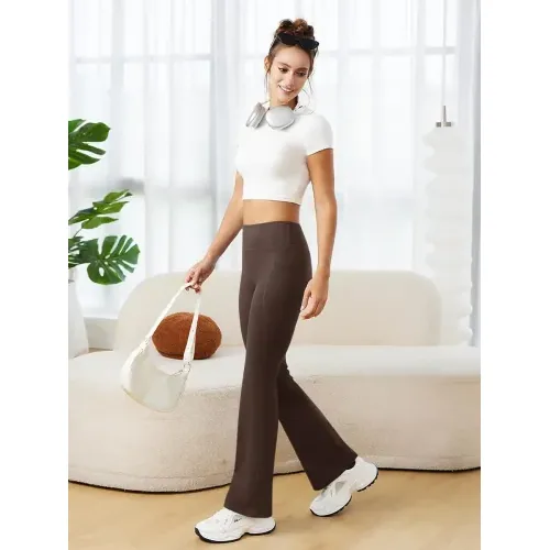 DLOODA High Waist Yoga Flare Leggings with Pockets, Brown, view 3