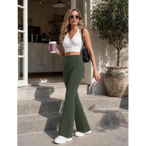 DLOODA High Waist Yoga Flare Leggings Seamless Front, Army Green, view 3