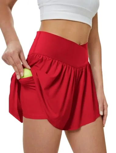DLOODA High Waist Yoga Flowy Shorts with Pockets, Red