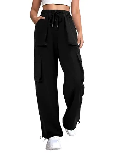 DLOODA High Waist Hiking Baggy Cargo Joggers with Pockets, Black