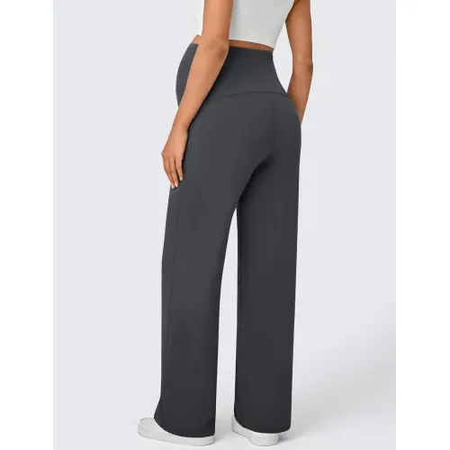 DLOODA High Waist Yoga Maternity Wide Leg Pants with Pockets, Grey, view 2