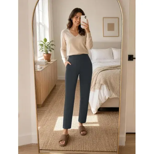DLOODA High Waist Work Straight Leg Pants, Dark Grey, view 2
