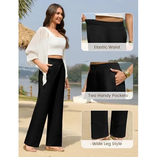 DLOODA High Waist Linen Palazzo Pants with Pockets, Black, view 5