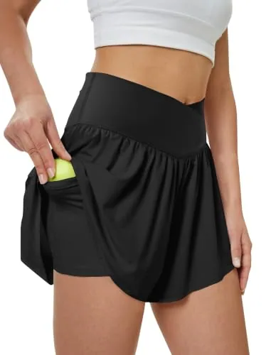 DLOODA High Waist Yoga Flowy Shorts with Pockets, Black