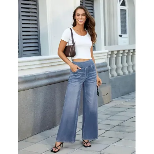 DLOODA High Waist Denim Wide Leg Jeans, Sky Blue, view 2