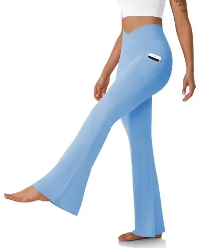 DLOODA High Waist Yoga Flare Leggings Crossover, with Pockets, Blue