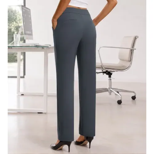 DLOODA High Waist Work Straight Leg Pants with Pockets, Dark Grey, view 2