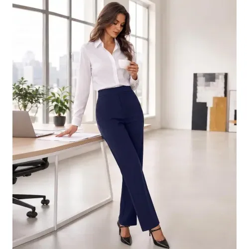 DLOODA High Waist Work Straight Leg Pants with Pockets, Navy, view 3