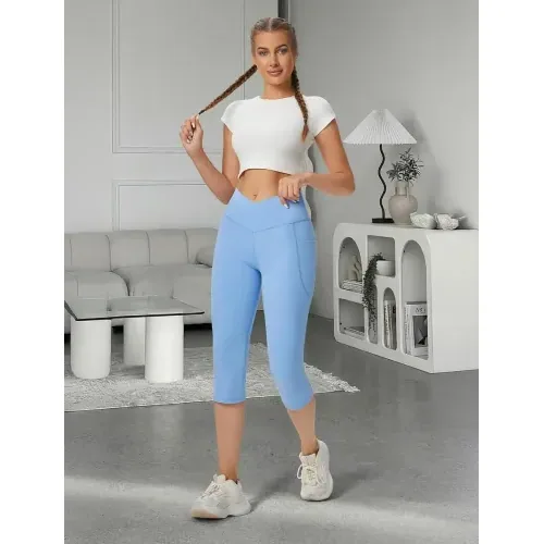 DLOODA High Waist Yoga Capri Leggings, Light Blue, view 3
