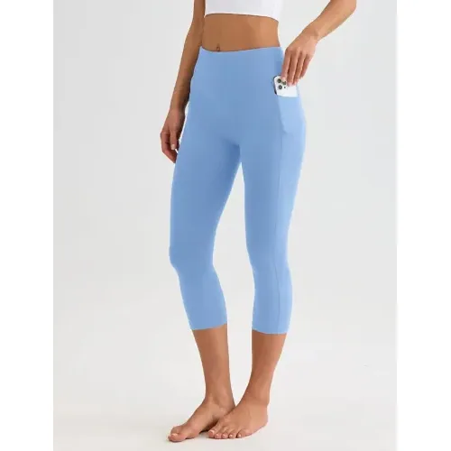 DLOODA High Waist Yoga Capri Leggings with Pockets, Tummy Control, Light Blue, view 2