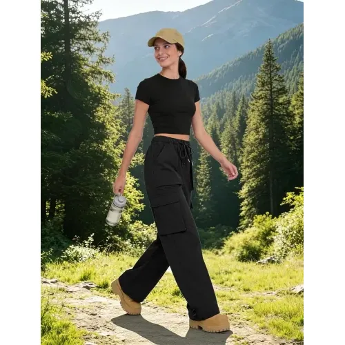 DLOODA High Waist Hiking Baggy Cargo Joggers with Pockets, Black, view 3