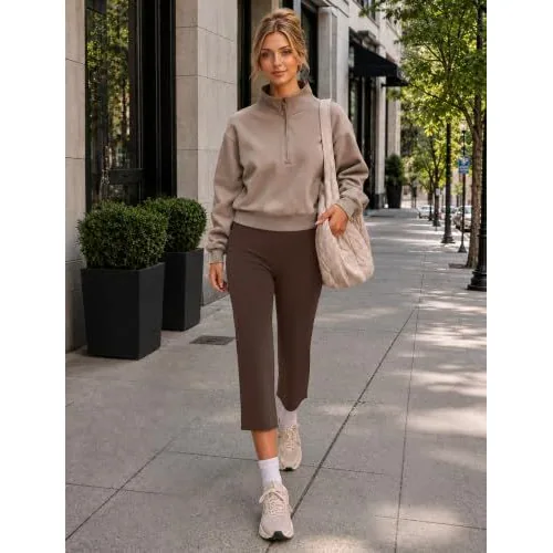 DLOODA High Waist Yoga Cropped Capri Pants with Pockets, Brown, view 5