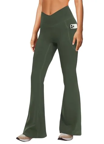 DLOODA Crossover Yoga Flare Leggings Seamless Front, with Pockets, Army Green