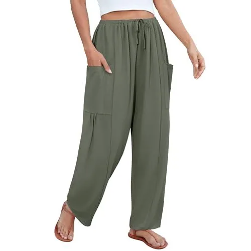 DLOODA Work Flowy Palazzo Pants with Pockets, Army Green, view 2