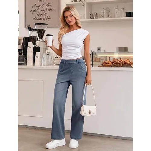DLOODA High Waist Denim Wide Leg Jeans, Sky Blue, view 4