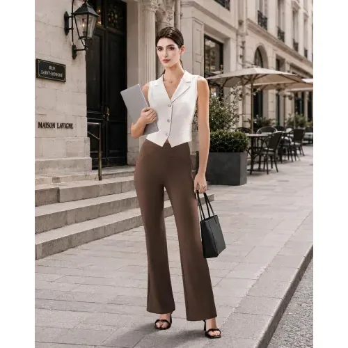 DLOODA High Waist Work Flare Pants with Pockets, Brown, view 3