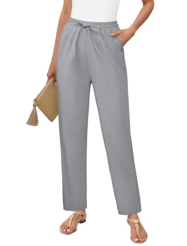 DLOODA High Waist Work Linen Dress Pants, Grey
