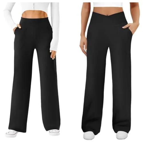 DLOODA High Waist Yoga Wide Leg Pants Crossover, with Pockets, Black