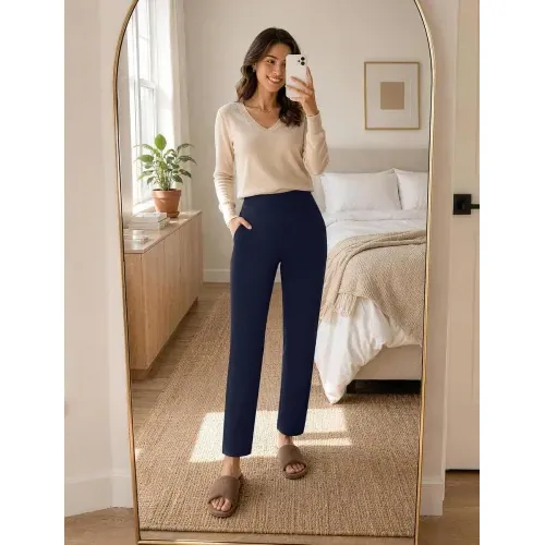 DLOODA High Waist Work Straight Leg Pants, Navy, view 2