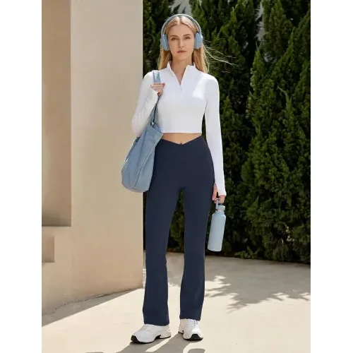 DLOODA Crossover Yoga Flare Leggings Seamless Front, with Pockets, Navy, view 6