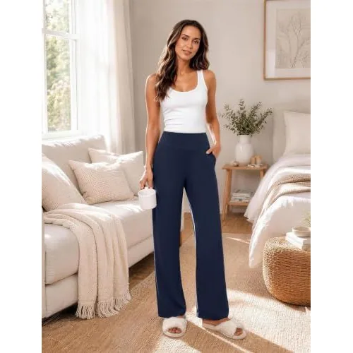 DLOODA High Waist Yoga Wide Leg Pants with Pockets, Navy, view 4