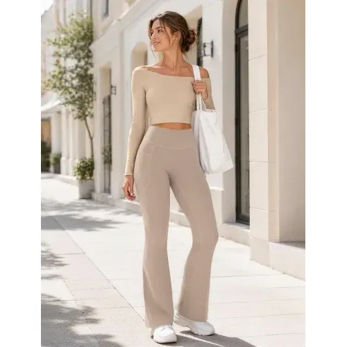 DLOODA High Waist Yoga Flare Leggings with Pockets, Deep Khaki, view 3