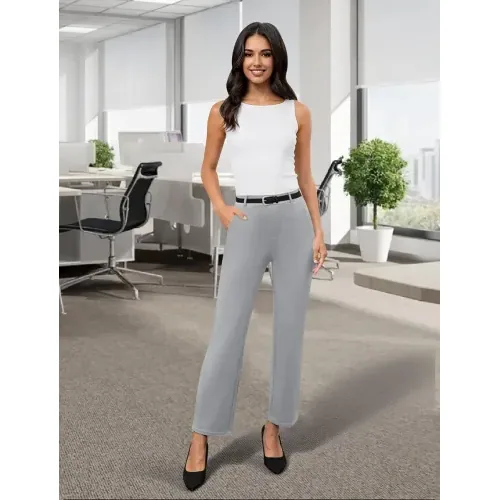 DLOODA High Waist Work Straight Leg Pants with Pockets, Grey, view 2