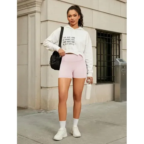 DLOODA High Waist Yoga Biker Shorts with Pockets, Tummy Control, Pink, view 3