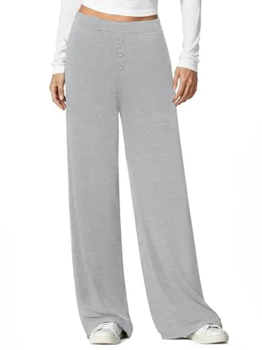 DLOODA High Waist Lounge Flowy Wide Leg Pants with Pockets, Light Grey