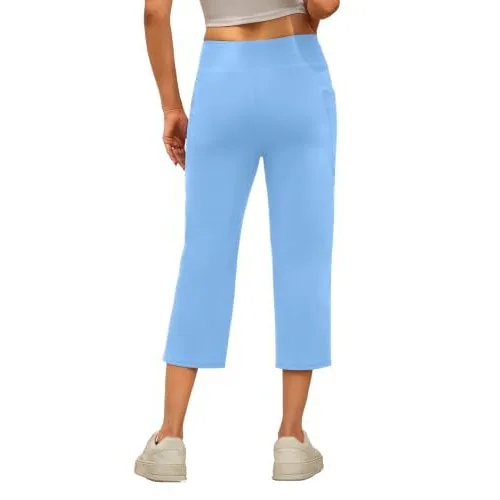 DLOODA High Waist Yoga Cropped Capri Pants with Pockets, Light Blue, view 2