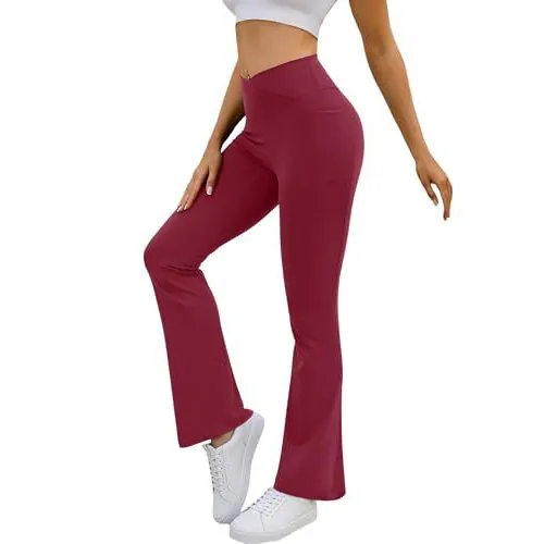 DLOODA High Waist Yoga Bootcut Pants Crossover, with Pockets, Wine Red, view 2
