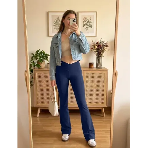 DLOODA High Waist Yoga Flare Leggings Crossover, with Pockets, Navy, view 3