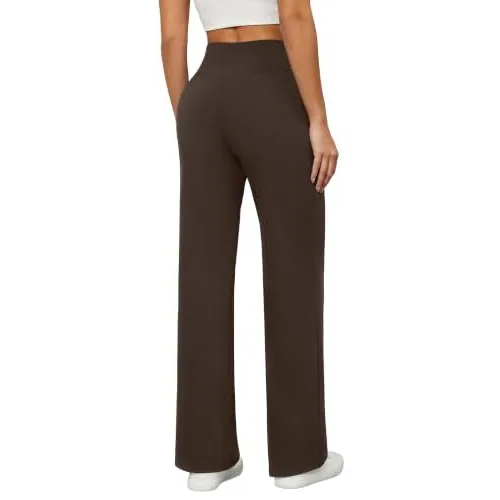 DLOODA High Waist Yoga Wide Leg Pants with Pockets, Brown, view 2