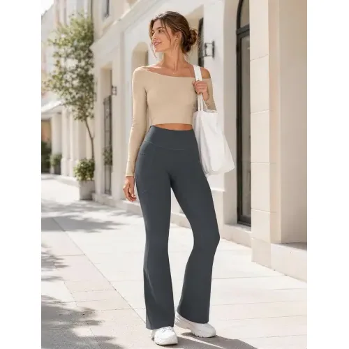 DLOODA High Waist Yoga Flare Leggings with Pockets, Deep Grey, view 3