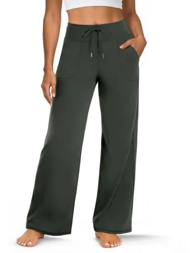 DLOODA High Waist Yoga Wide Leg Pants with Pockets, Olive Green