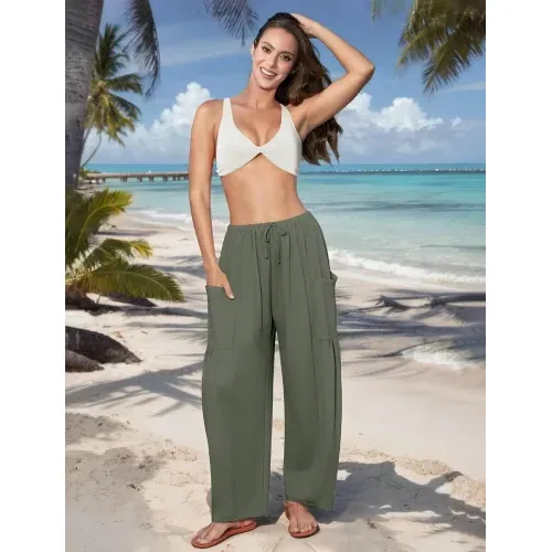 DLOODA Work Flowy Palazzo Pants with Pockets, Army Green, view 3