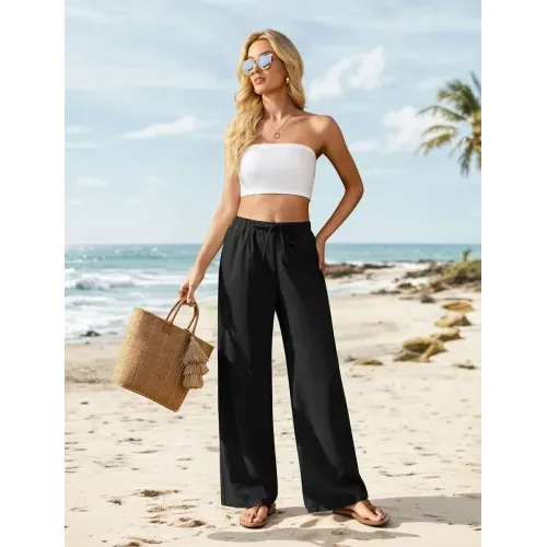 DLOODA High Waist Work Linen Palazzo Pants, Black, view 3