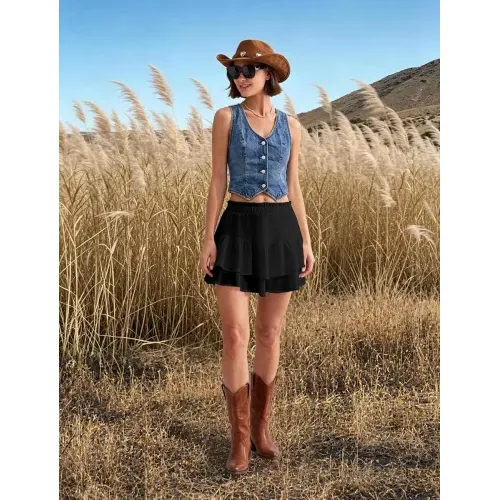 DLOODA High Waist Ruffle Skort with Pockets, Black, view 3
