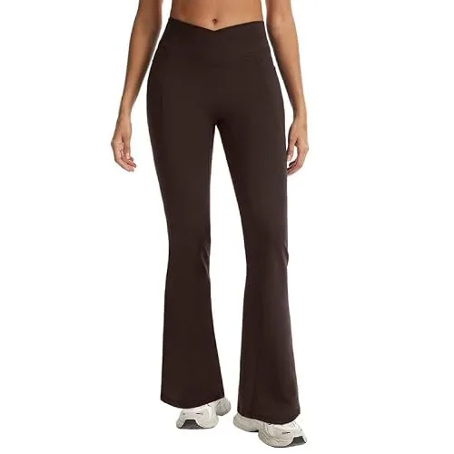 DLOODA High Waist Yoga Flare Leggings Crossover, with Pockets, Brown, view 2