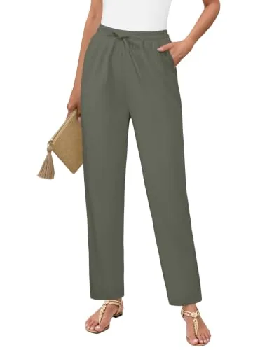 DLOODA High Waist Work Linen Dress Pants, Green