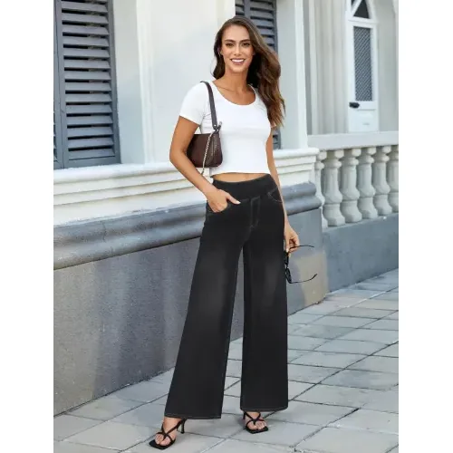 DLOODA High Waist Denim Wide Leg Jeans, Black, view 2