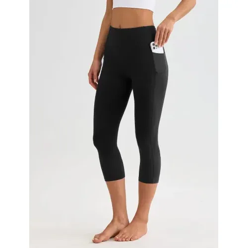 DLOODA High Waist Yoga Capri Leggings with Pockets, Tummy Control, Black, view 2