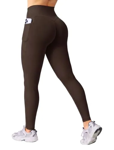 DLOODA High Waist Yoga Leggings with Pockets, Brown