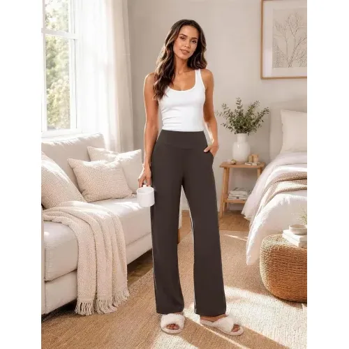 DLOODA High Waist Yoga Wide Leg Pants with Pockets, Brown, view 5