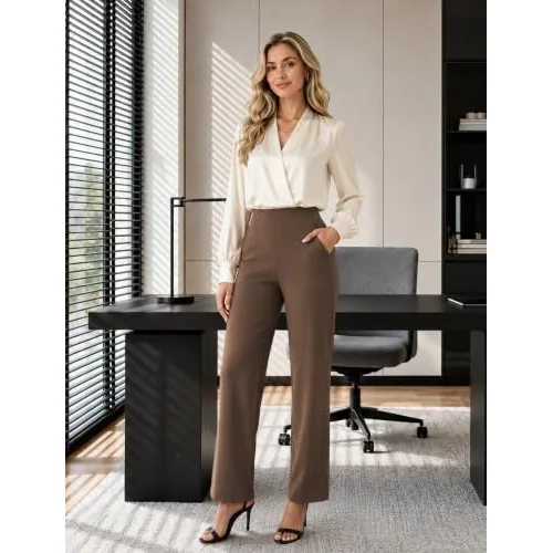 DLOODA High Waist Yoga Wide Leg Pants with Pockets, Brown, view 5