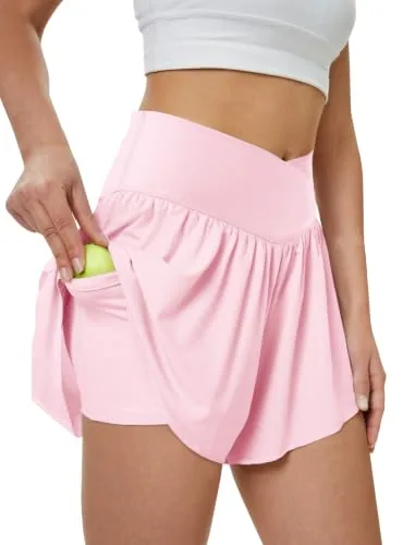 DLOODA High Waist Yoga Flowy Shorts with Pockets, Pink