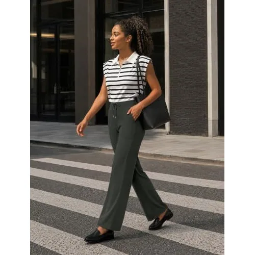 DLOODA High Waist Yoga Wide Leg Pants with Pockets, Olive Green, view 4