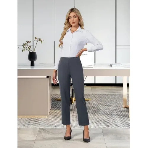 DLOODA High Waist Work Straight Leg Pants with Pockets, Dark Grey, view 3