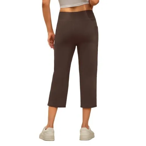 DLOODA High Waist Yoga Cropped Capri Pants with Pockets, Brown, view 2
