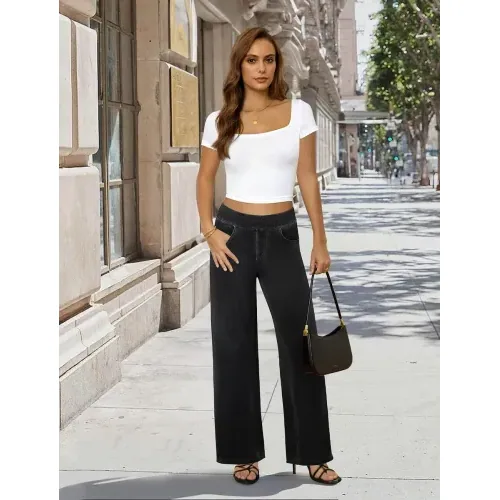 DLOODA High Waist Lounge Denim Wide Leg Jeans, Black, view 3